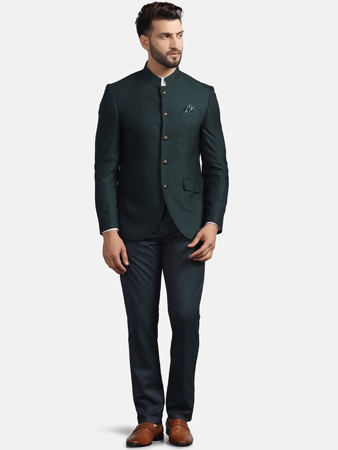 

Blackberrys Printed Slim-Fit Bandhgala Two-Piece Formal Suit, Green