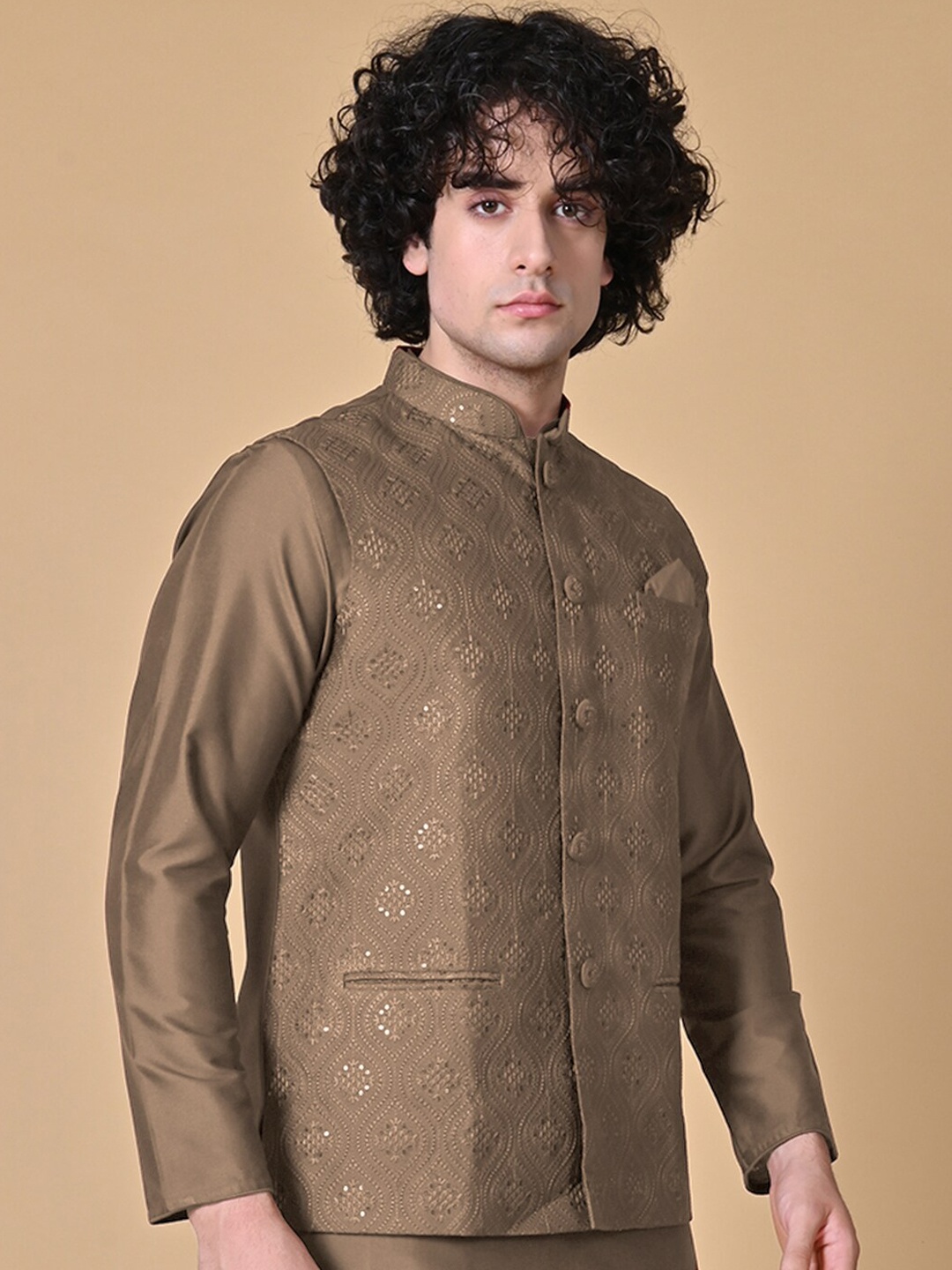 

MAAHI FABS Mandarin Collar Straight Kurta & Churidar With Nehru Jacket, Brown