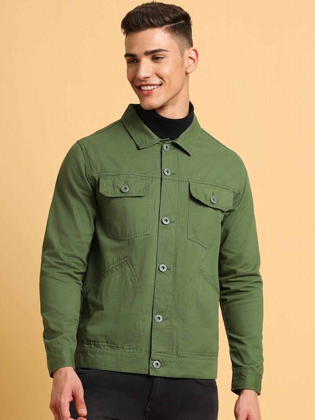 

FOREVER 21 Spread Collar Cotton Denim Jacket, Green