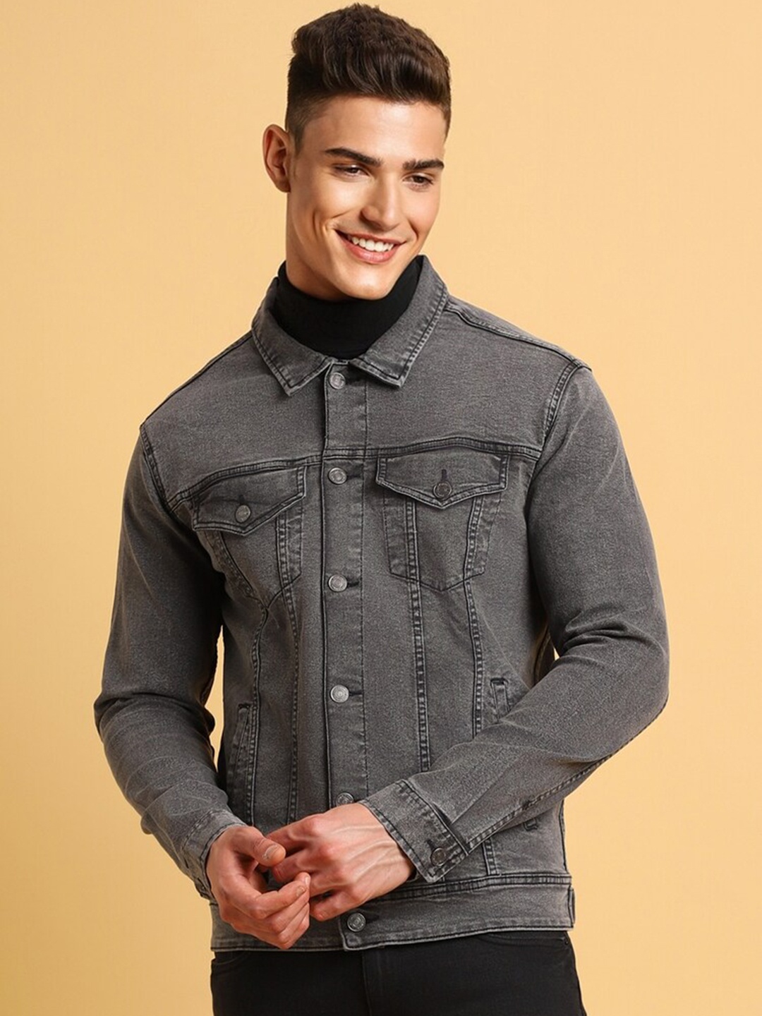 

FOREVER 21 Spread Collar Denim Jacket, Grey