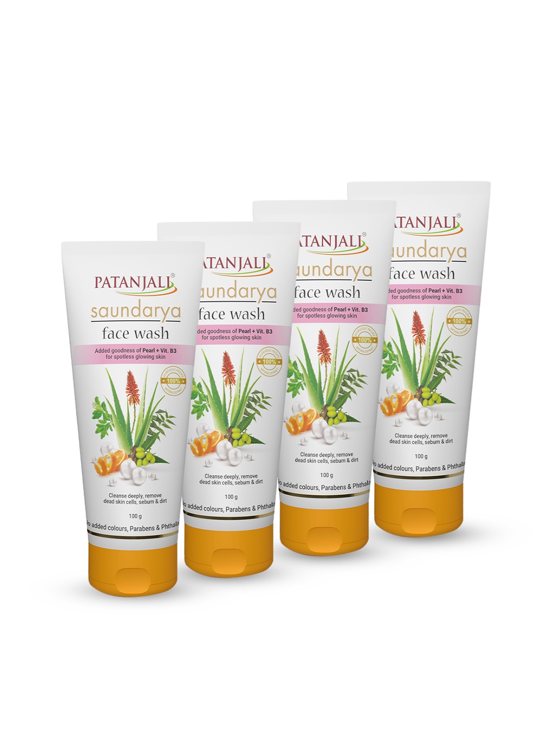 

Patanjali Set of 4 Saundarya Face Wash for Fresh & Glowing Skin with Aloe Vera - 100g Each, White