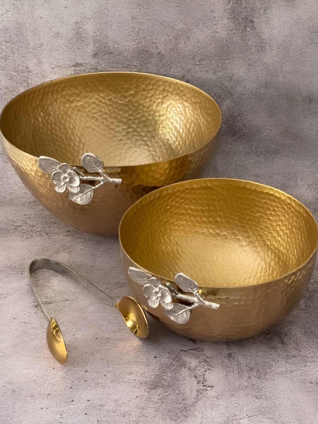 

CasaGold Gold-Toned & Silver Toned 2 Pieces Brass Serving Bowls With Tongs
