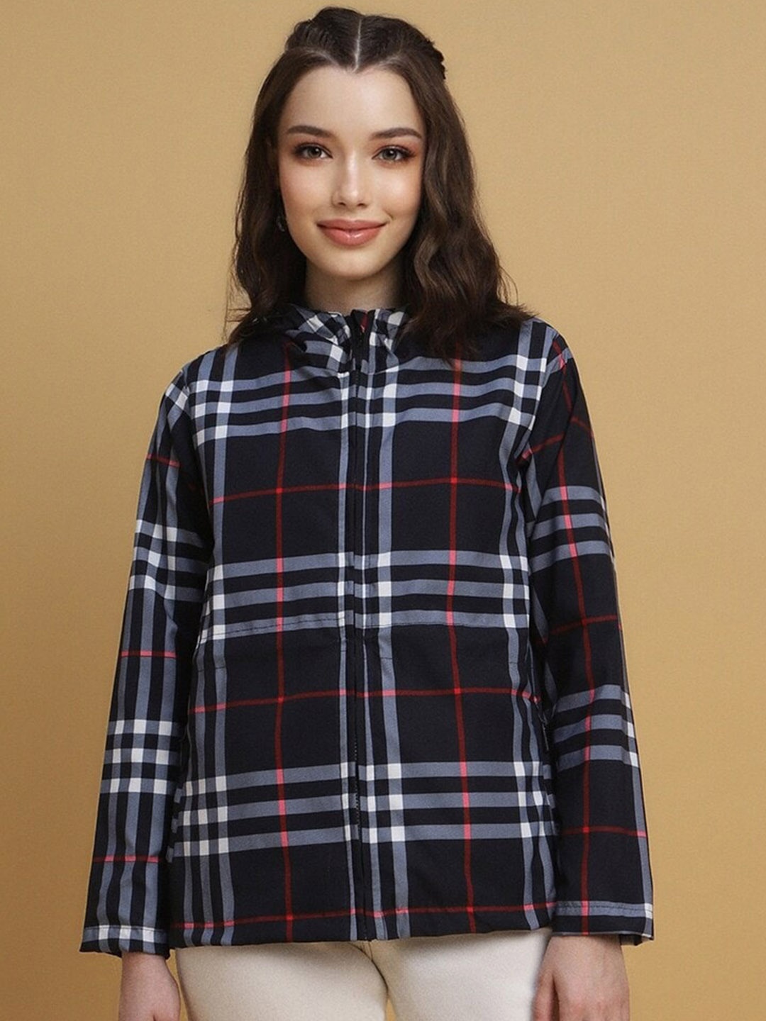 

FOREVER 21 Navy Blue & White Checked Hooded Tailored Jacket