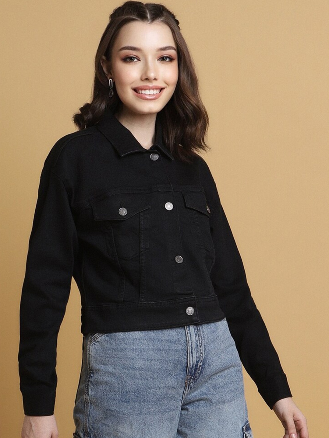 

FOREVER 21 Spread Collar Denim Jacket, Black