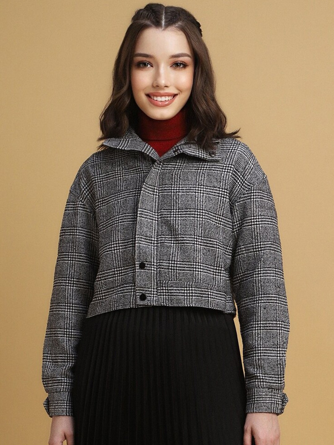 

FOREVER 21 Grey Checked Crop Tailored Jacket