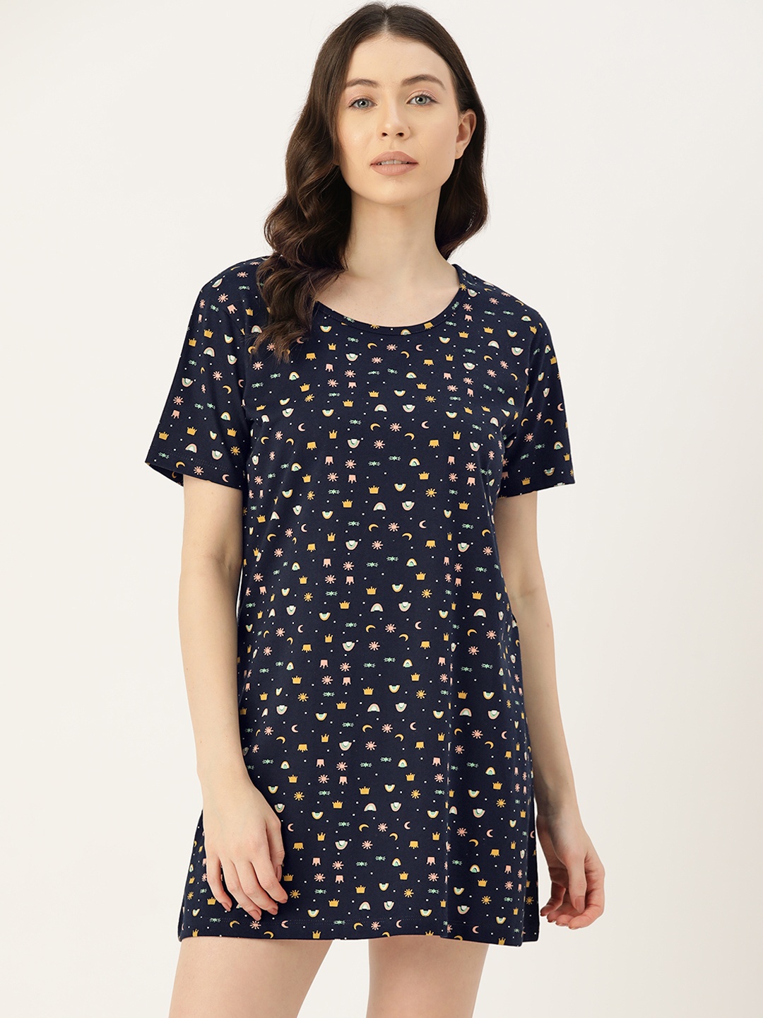 

ETC Navy Printed Pure Cotton Nightdress, Navy blue