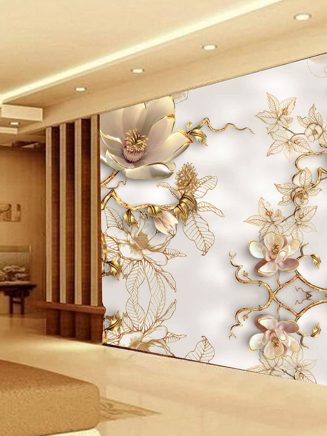 

KSHIRSA Gold Toned & White Floral Self Adhesive Waterproof Removable Wall Stickers