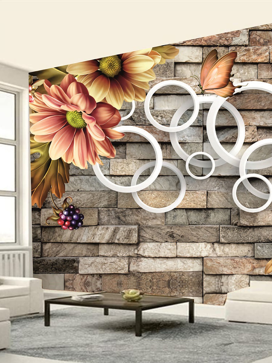 

KSHIRSA Grey & Brown Brick Floral Printed Self Adhesive Removable Waterproof Wall Sticker