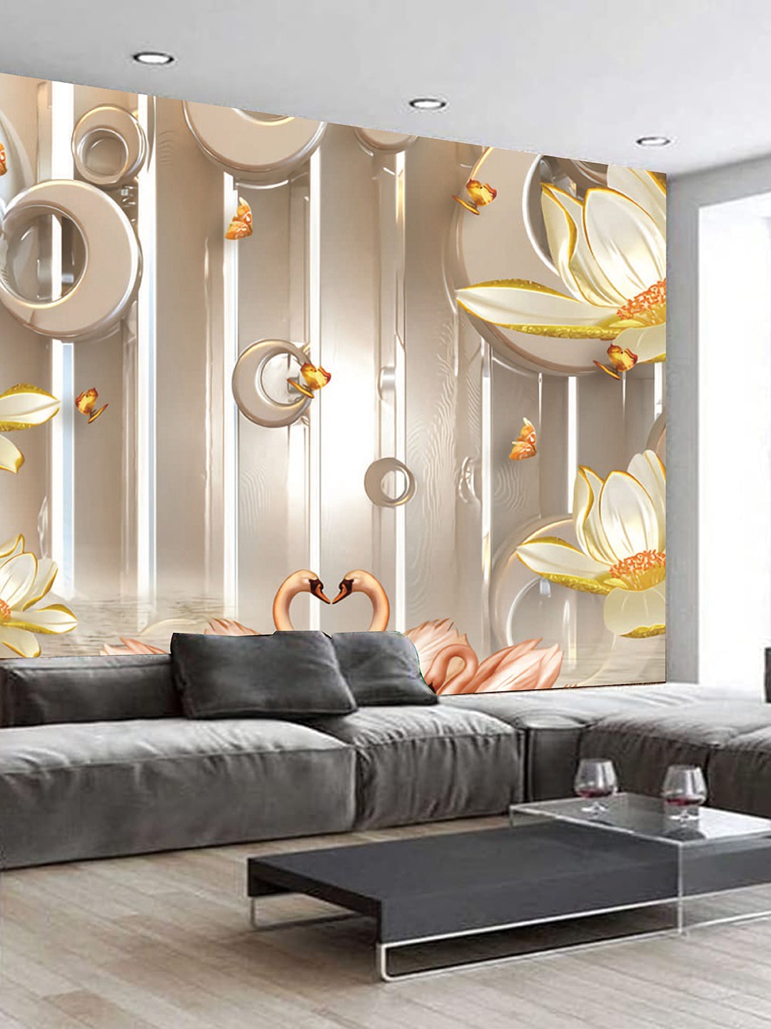 

KSHIRSA Gold Toned & Grey Floral Self Adhesive Waterproof Removable Wall Stickers