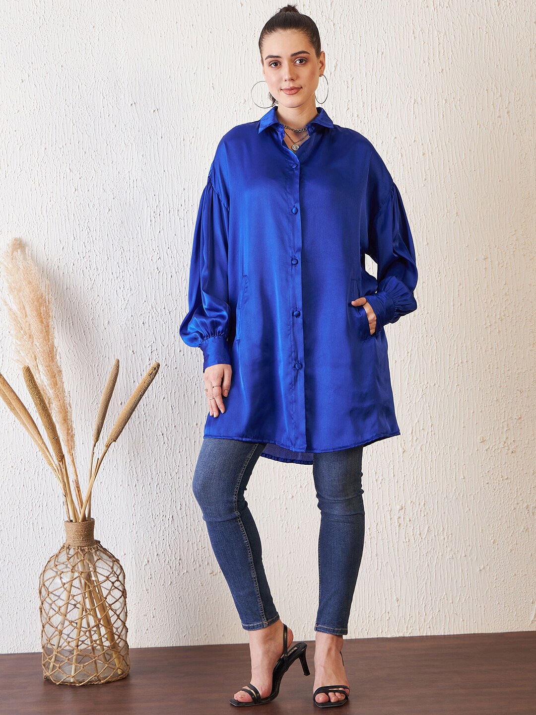 

Antheaa Blue Comfort Fit Oversized Longline Satin Shirt