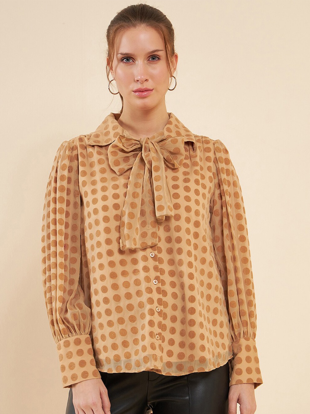 

Antheaa Beige Comfort Fit Polka Dots Printed Puff Sleeves Chiffon Shirt