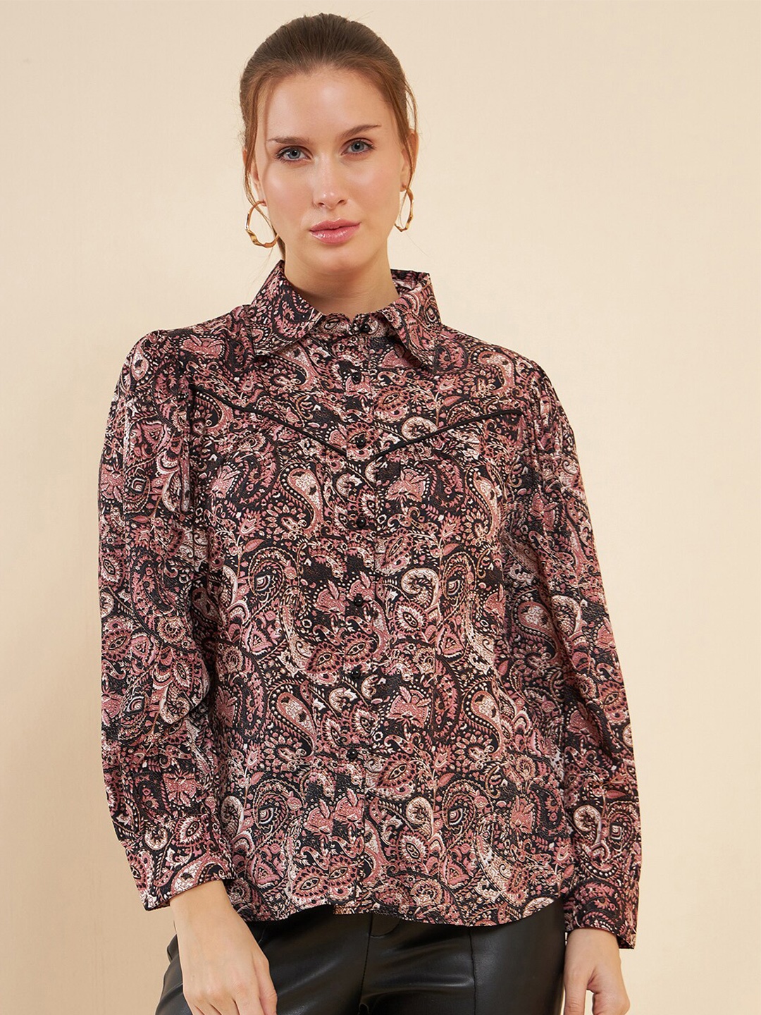 

Antheaa Black Comfort Fit Ethnic Motifs Printed Puff Sleeves Satin Shirt