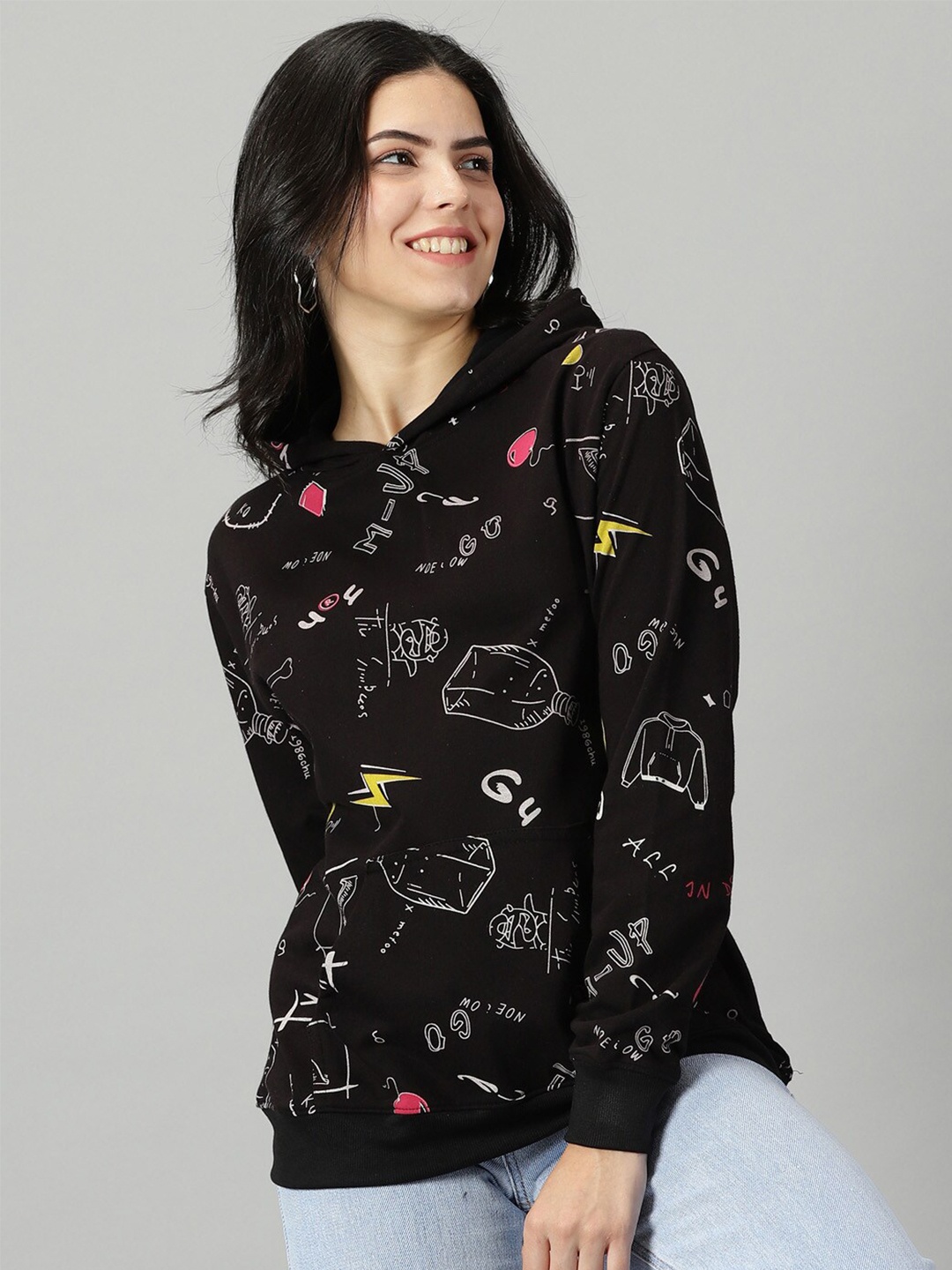 

Rodzen Conversational Printed Hooded Cotton Sweatshirt, Black