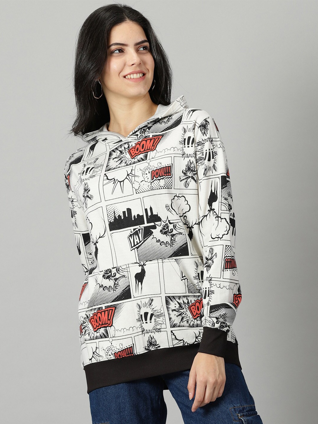 

Rodzen Conversational Printed Hooded Cotton Sweatshirt, White
