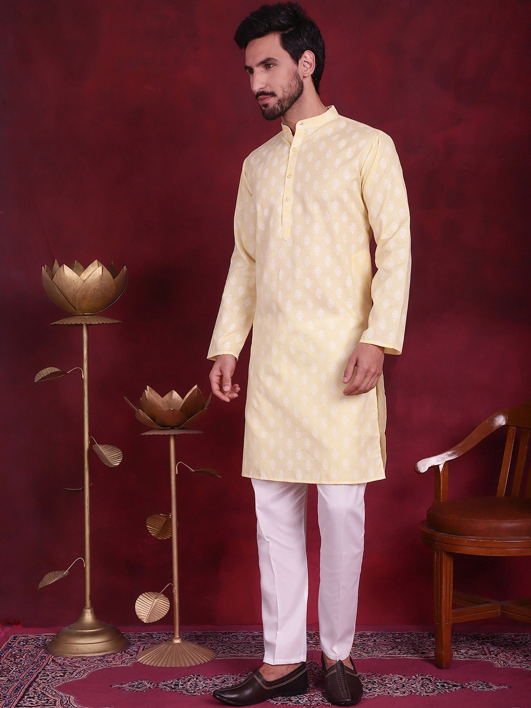 

Jompers Ethnic Motifs Printed Pure Cotton Kurta With Pyjamas, Yellow