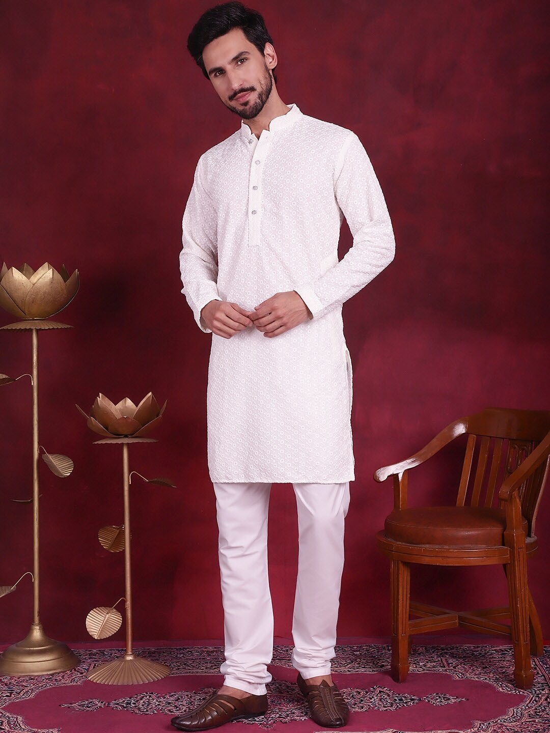 

Jompers Floral Embroidered Chikankari Pure Cotton Kurta with Churidar, White