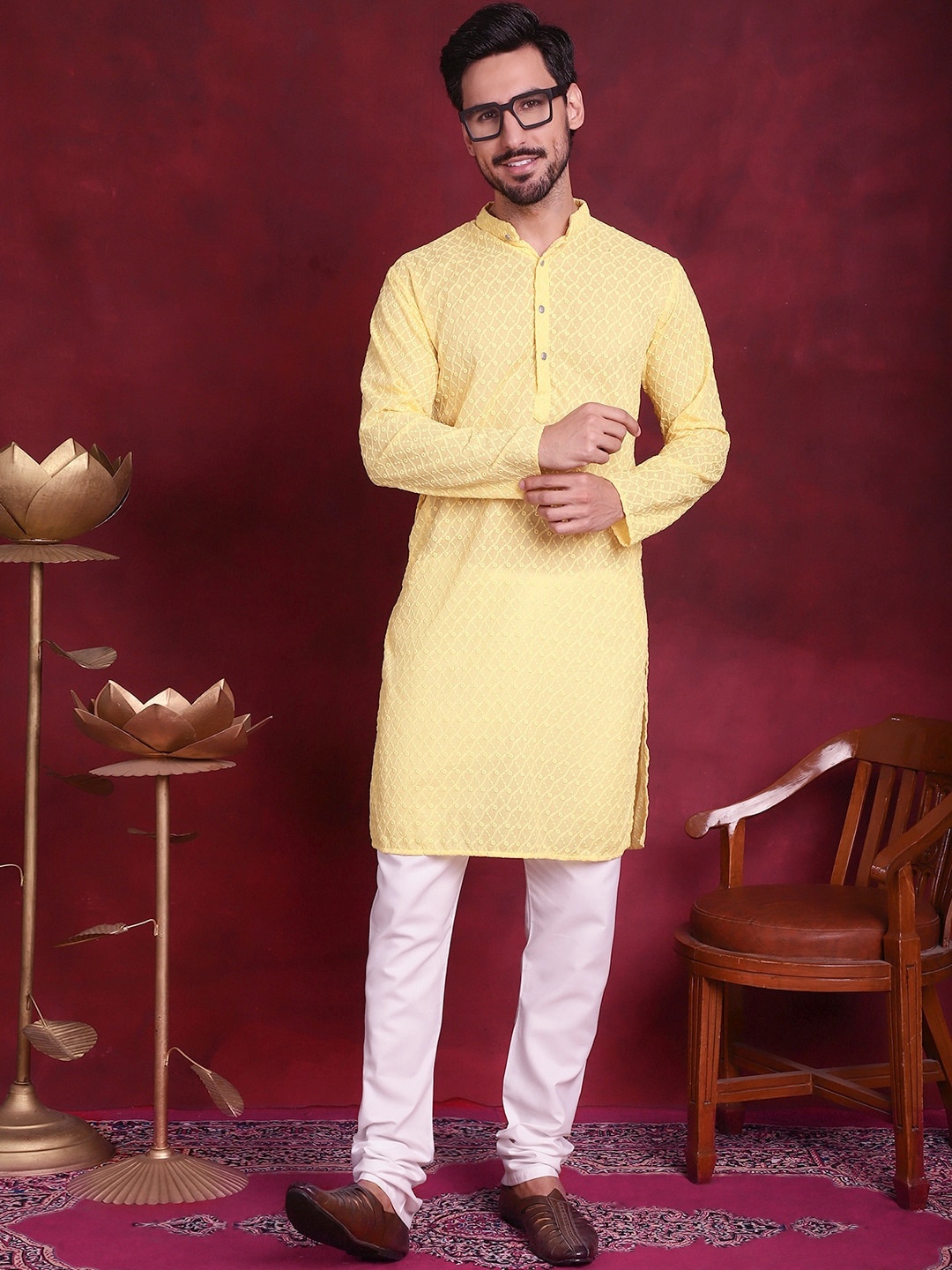 

Jompers Leheriya Embroidered Chikankari Pure Cotton Kurta with Churidar, Yellow