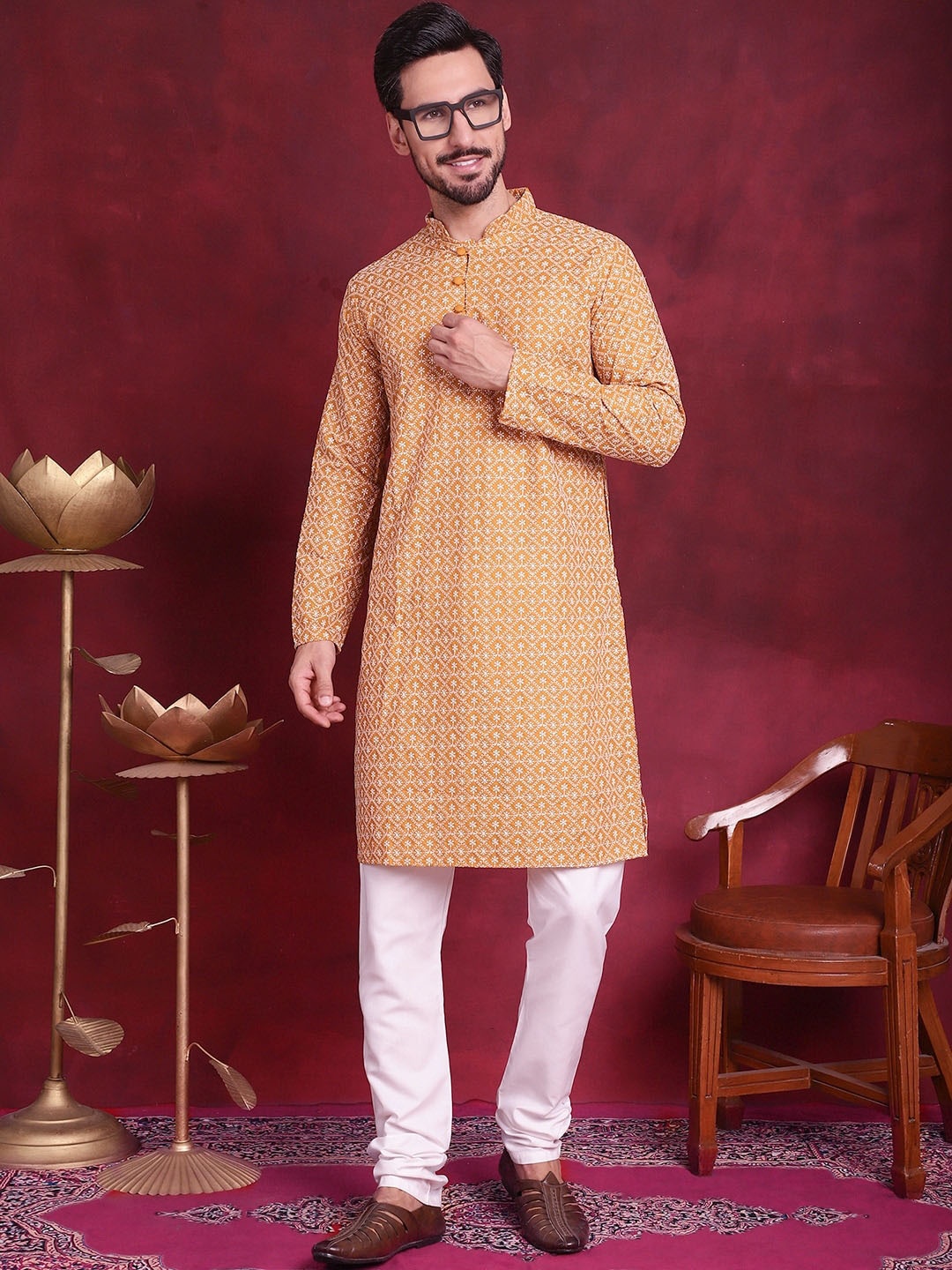 

Jompers Floral Embroidered Regular Chikankari Pure Cotton Kurta With Churidar, Mustard