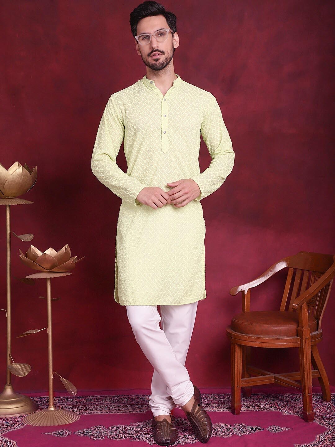 

Jompers Ethnic Motifs Chikankari Embroidered Sequinned Pure Cotton Kurta With Churidar, Green