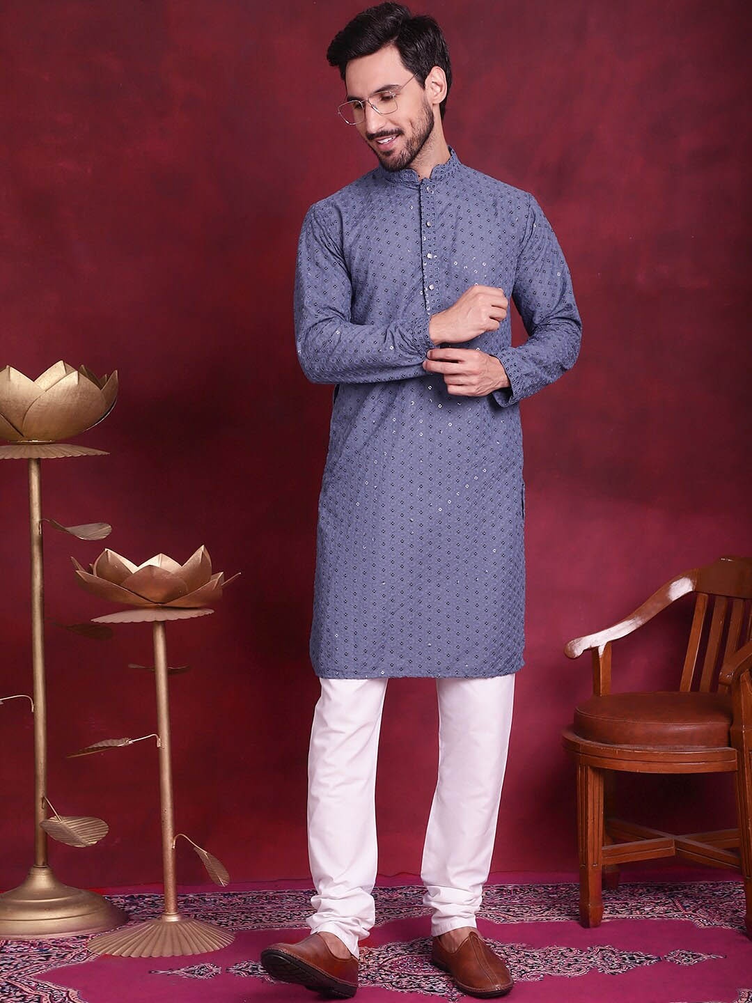

Jompers Floral Embroidered Pure Cotton Sequinned Kurta With Churidar, Grey
