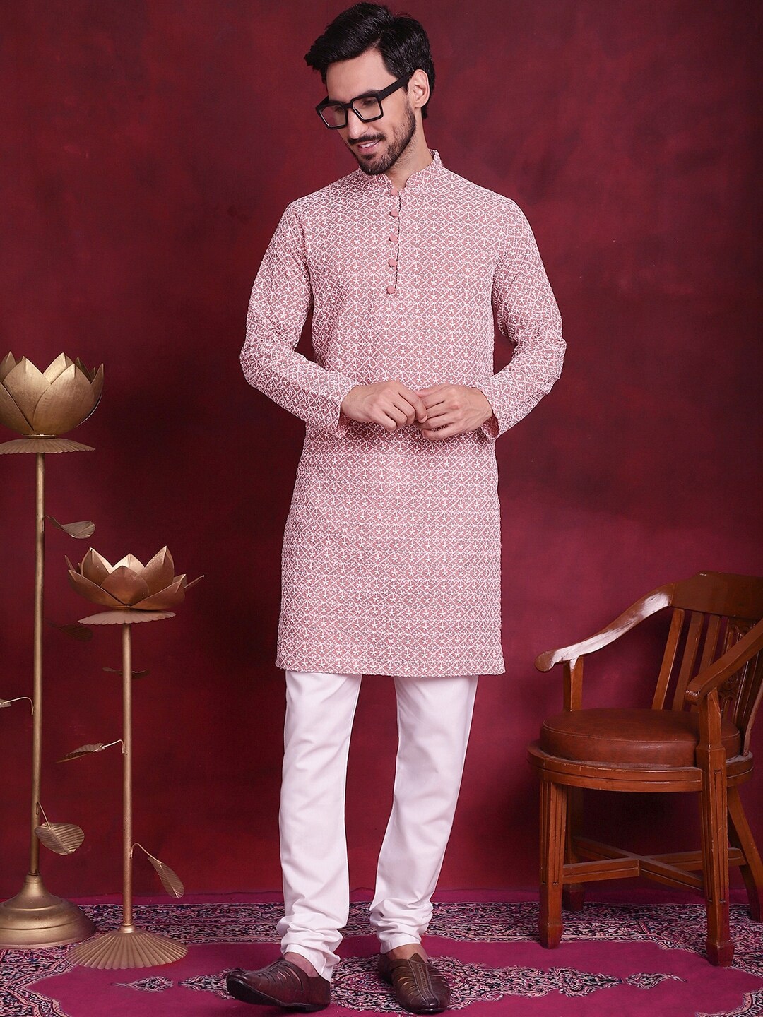 

Jompers Floral Embroidered Chikankari Mandarin Collar Pure Cotton Kurta With Churidar, Coral