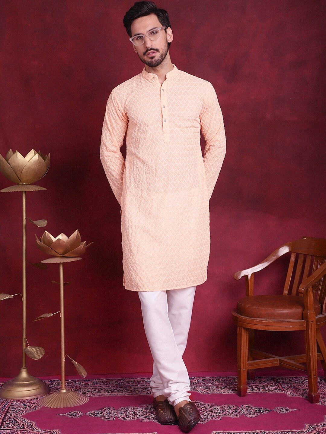 

Jompers Floral Embroidered Regular Chikankari Pure Cotton Kurta With Churidar, Peach