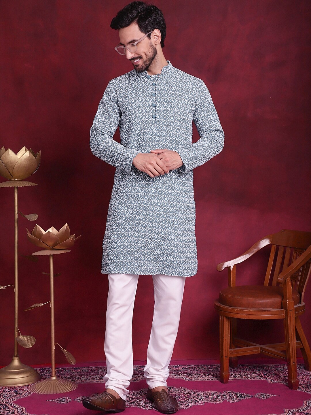 

Jompers Ethnic Motifs Embroidered Pure Cotton Kurta With Churidar, Teal