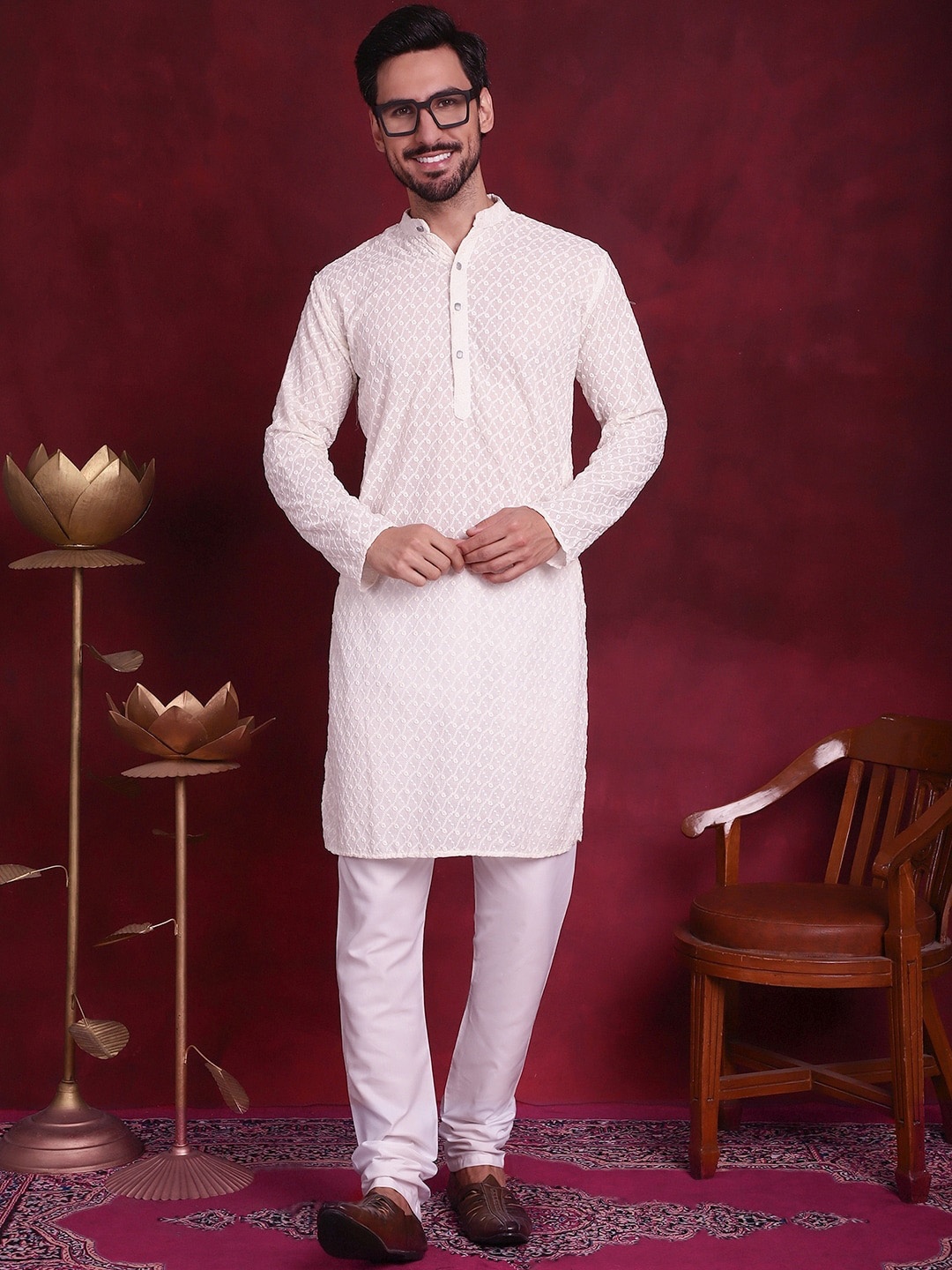 

Jompers Ethnic Motifs Embroidered Chikankari Pure Cotton Kurta With Churidar, White