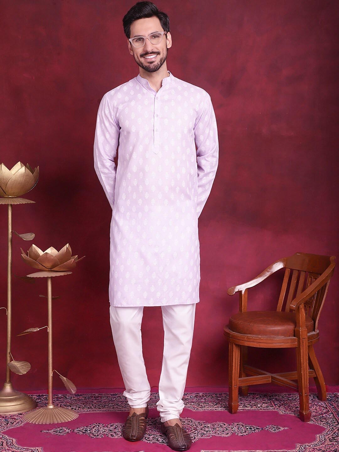 

Jompers Floral Printed Mandarin Collar Kurta with Churidar, Purple
