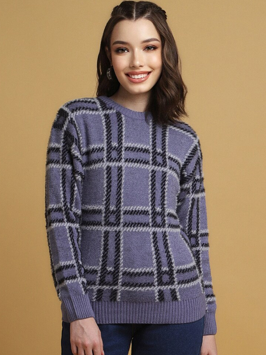 

FOREVER 21 Checked Long Sleeves Pullover, Purple