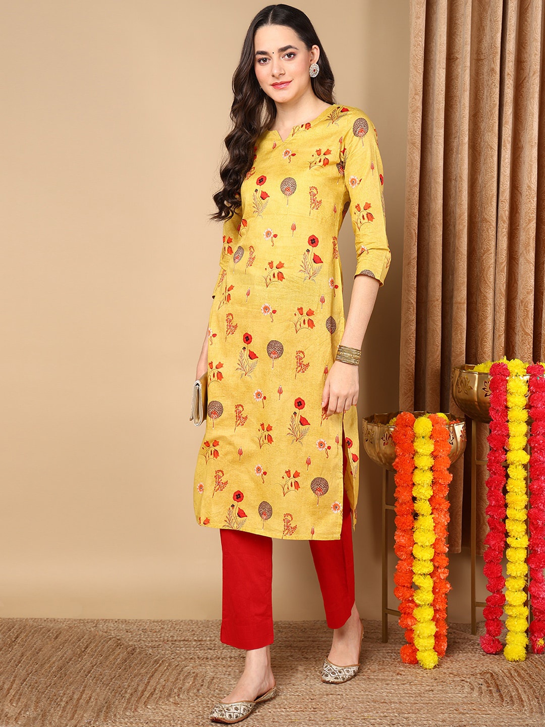 

AHIKA Floral Printed Pure Cotton Straight Kurta, Mustard