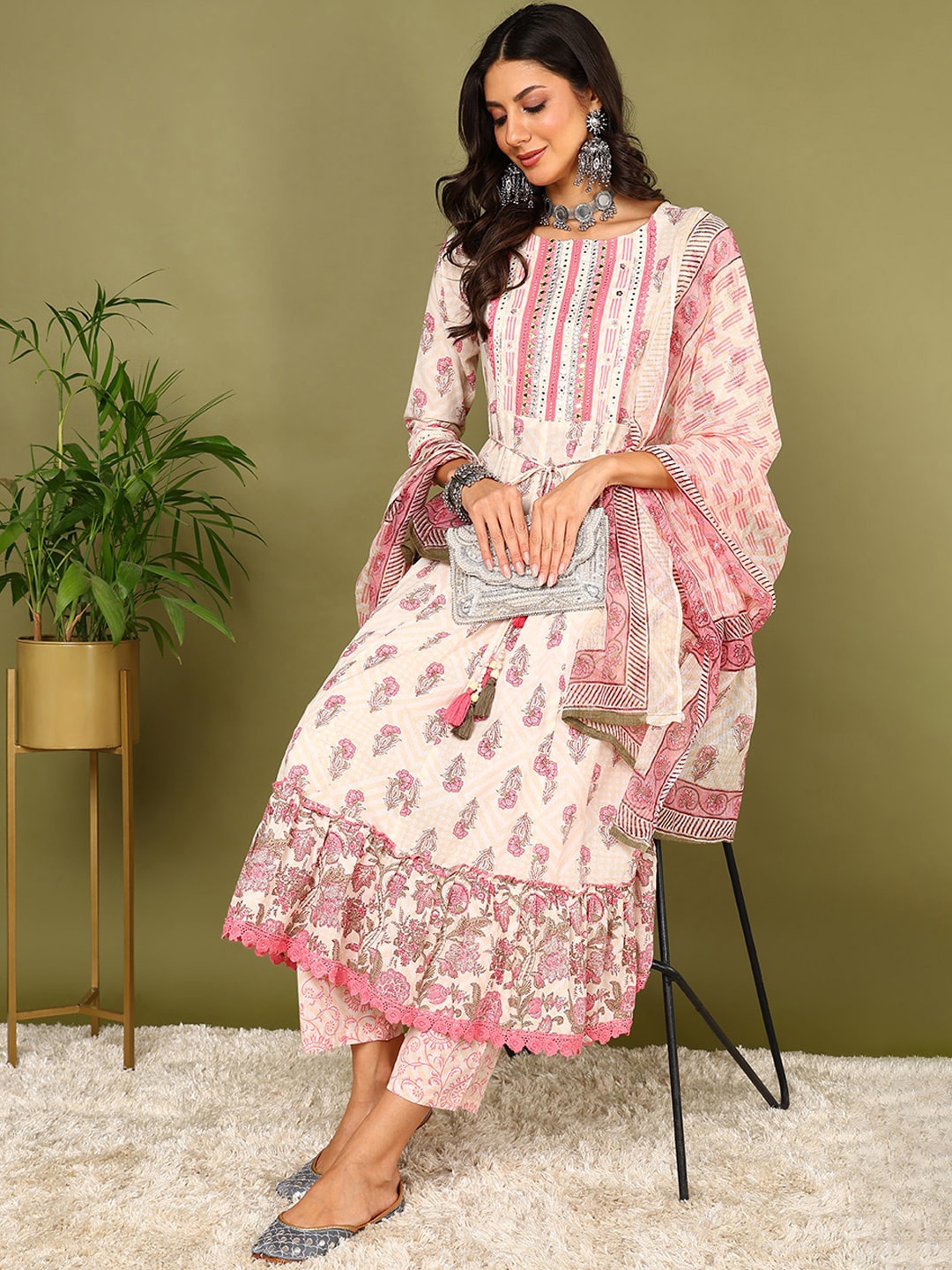 

AHIKA Floral Printed Pure Cotton Anarkali Kurta with Trousers & With, Nude