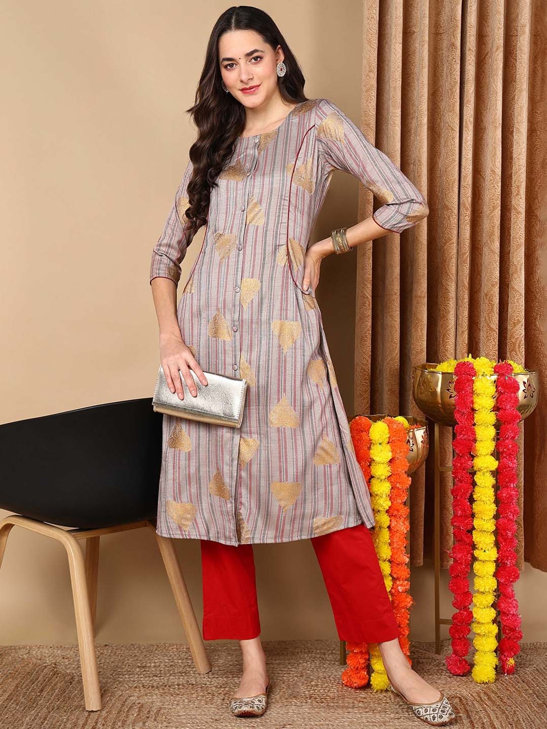 

AHIKA Taupe Striped Round Neck Cotton Kurta