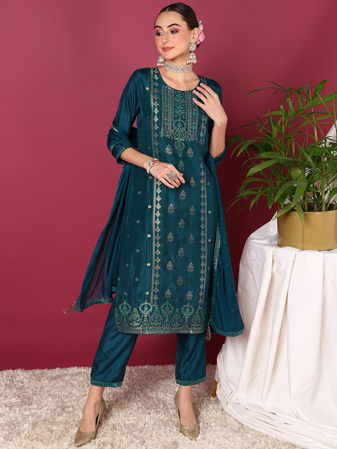 

AHIKA Ethnic Motifs Printed Regular Kurta With Trousers & Dupatta, Teal