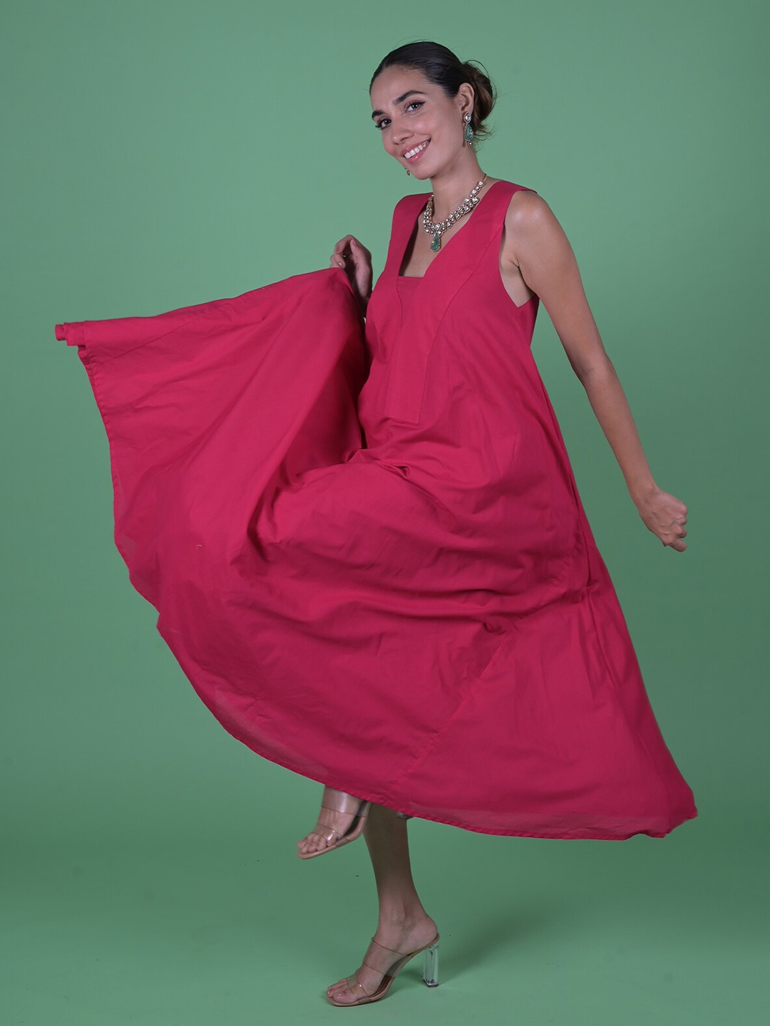 

ODETTE Square Neck Sleeveless Cotton A-Line Dress, Pink