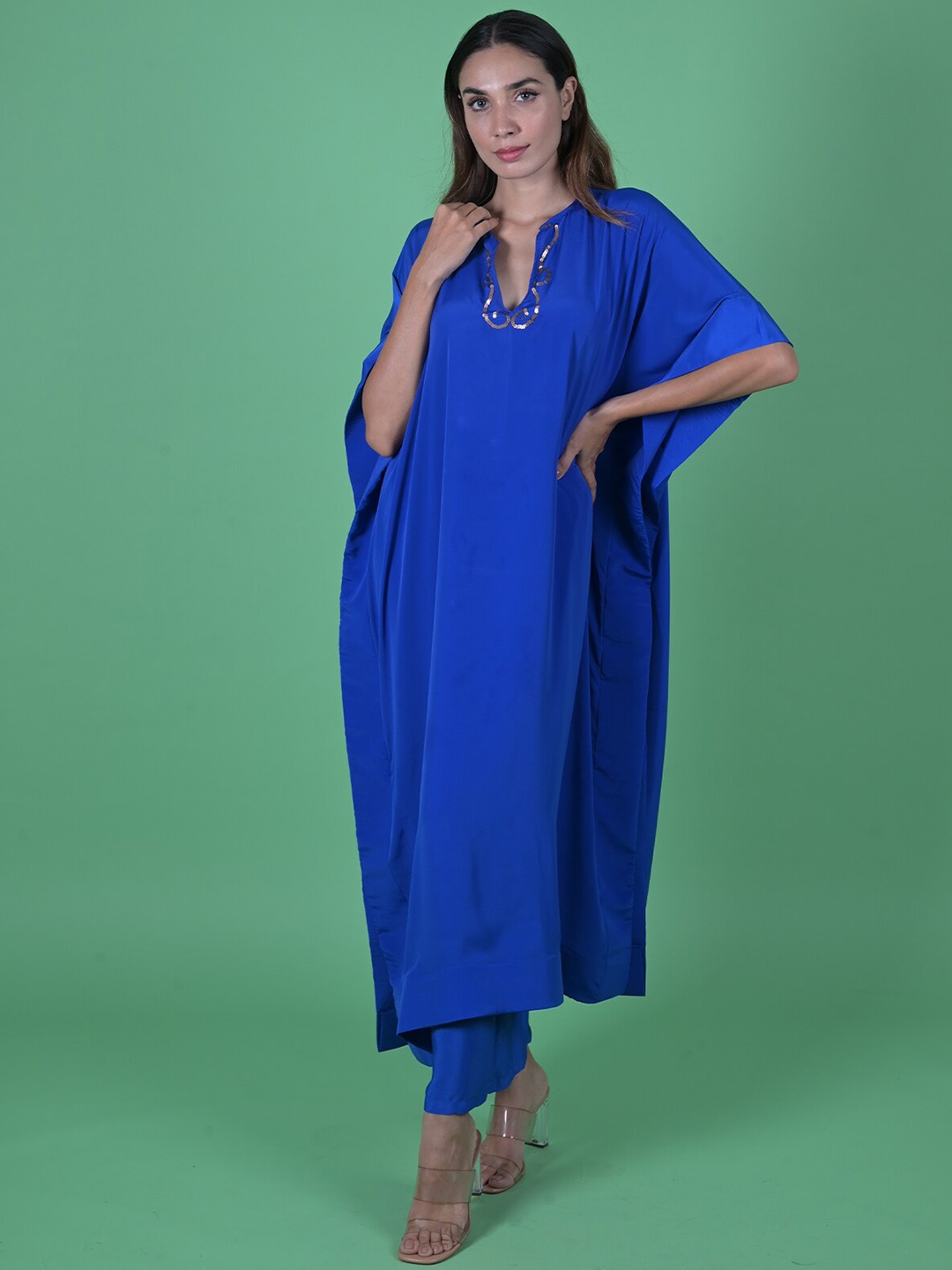 

ODETTE Flared Sleeves Kaftan Kurta With Trouser, Blue