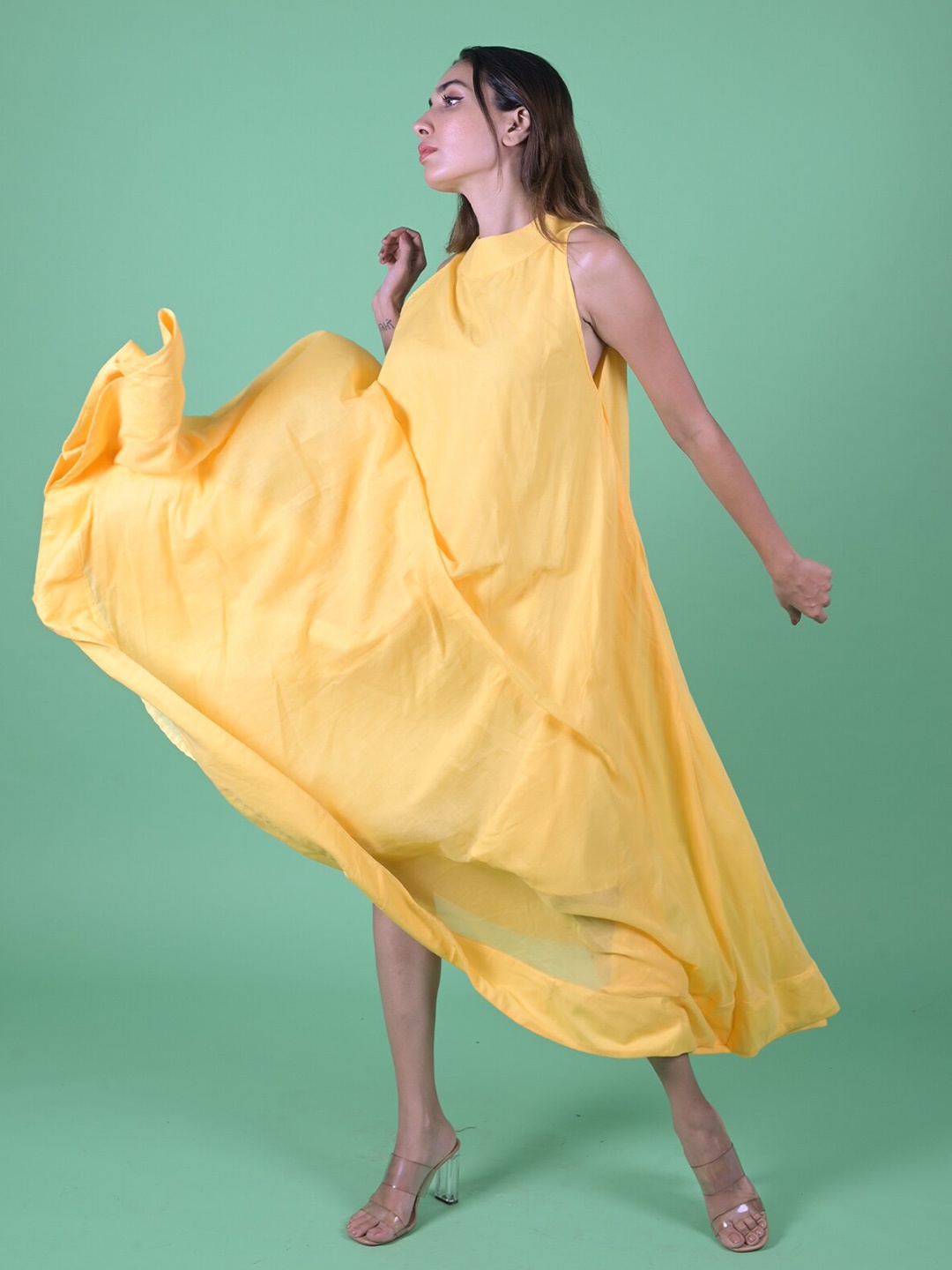 

ODETTE Round Neck Sleeveless Flared Midi Cotton A-Line Dress, Yellow
