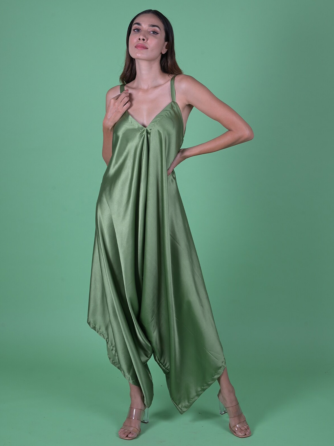 

ODETTE Shoulder Straps Flared Detail Satin Jumpsuit, Olive
