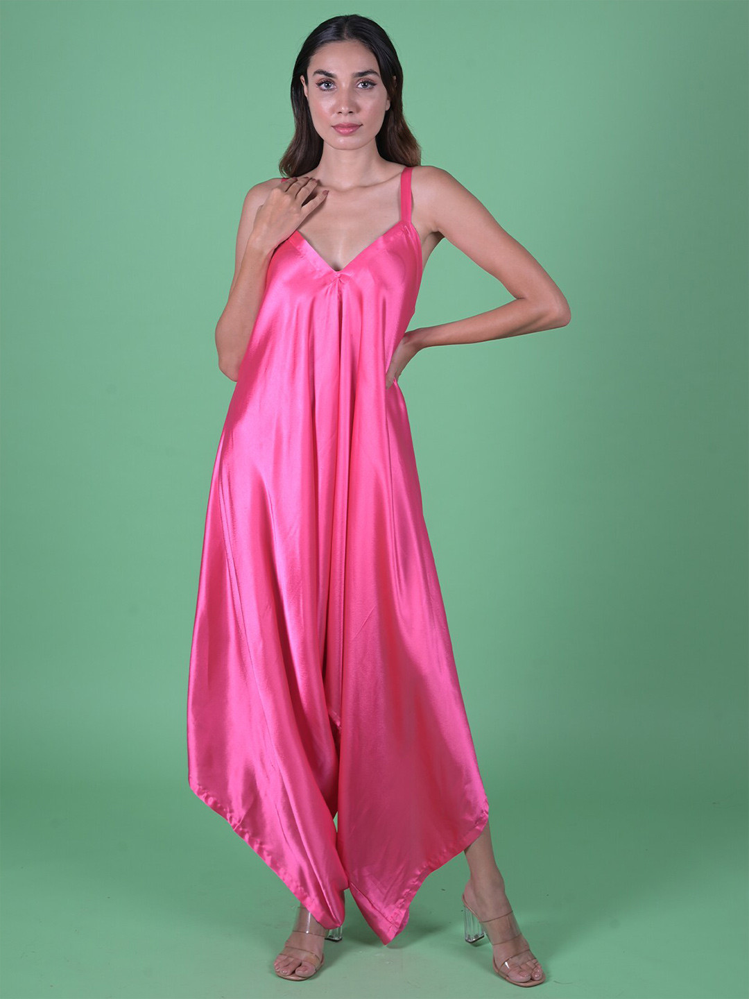 

ODETTE Shoulder Straps Flared Detail Satin Jumpsuit, Pink