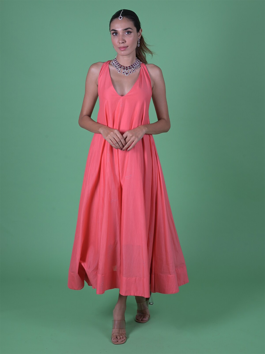 

ODETTE Halter Neck Sleeveless Pleated Midi Cotton A-Line Dress, Coral