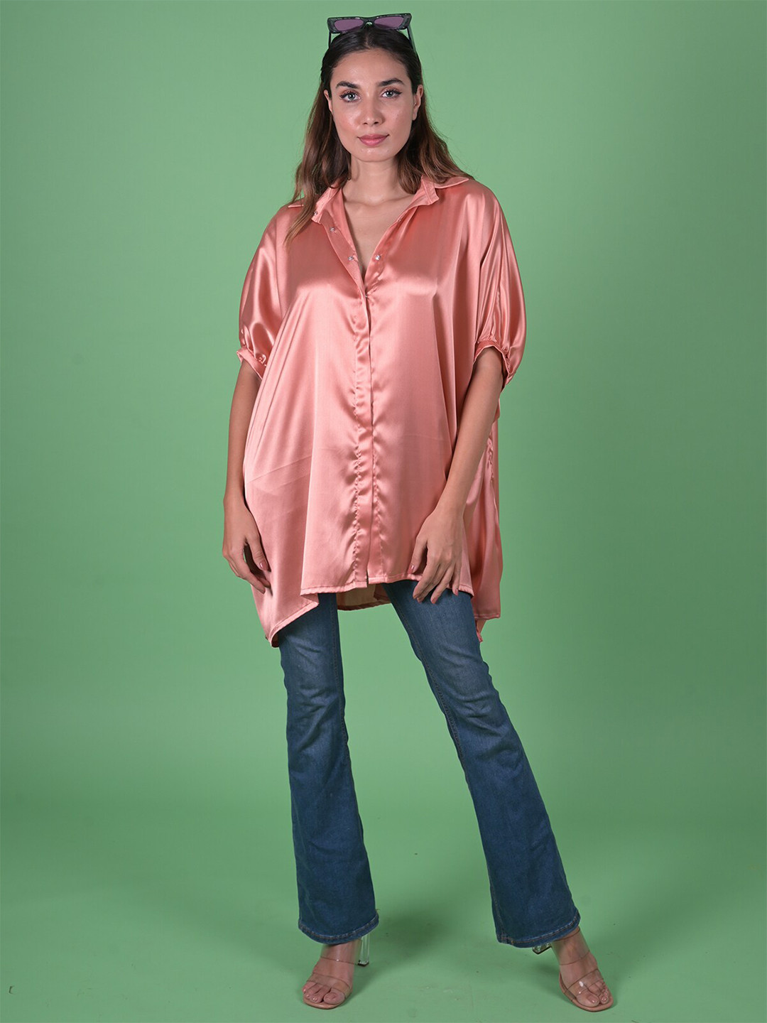 

ODETTE Spread Collar Longline Satin Shirt, Peach