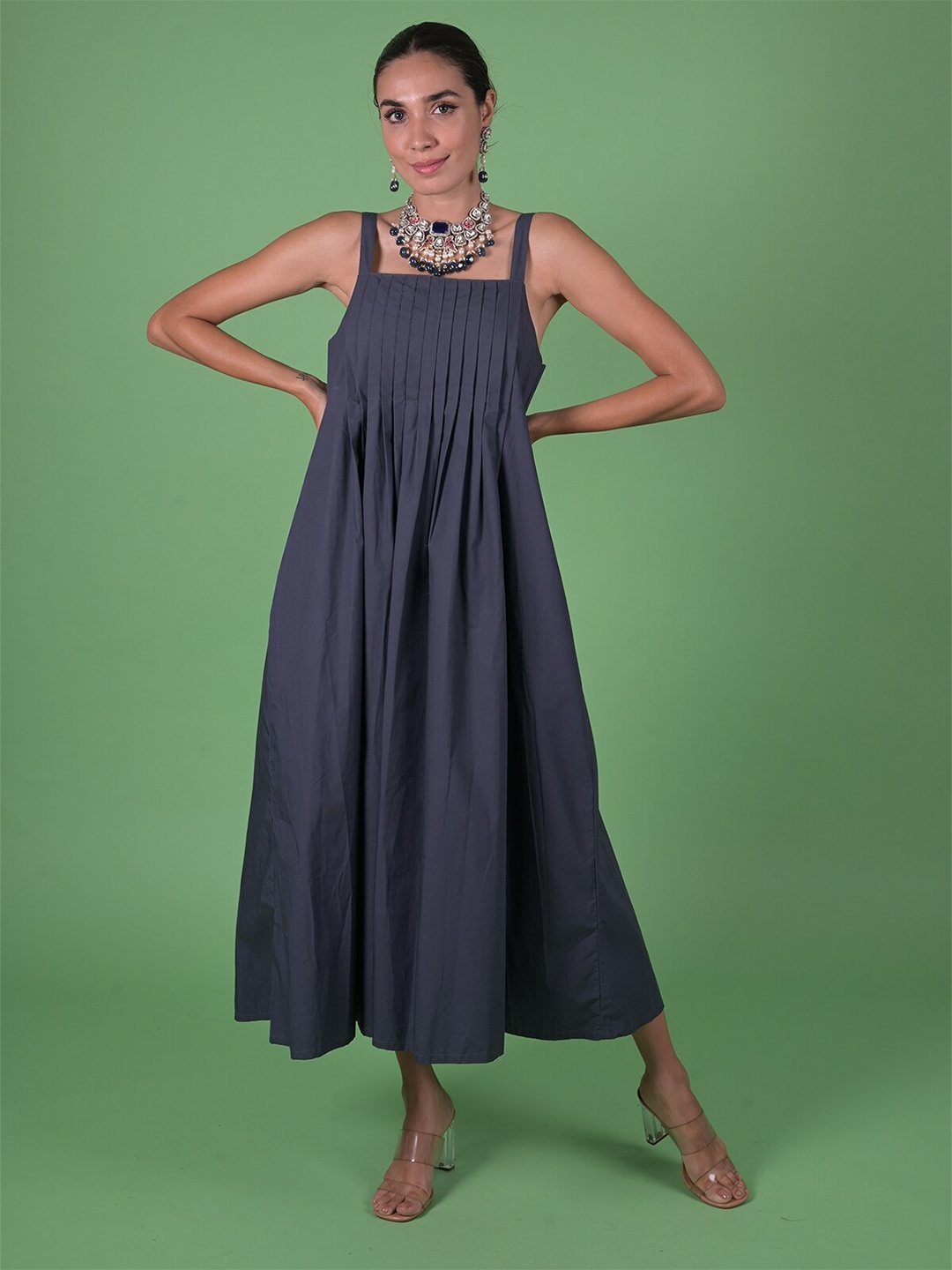 

ODETTE Shoulder Straps Pleated Midi A-Line Dress, Grey