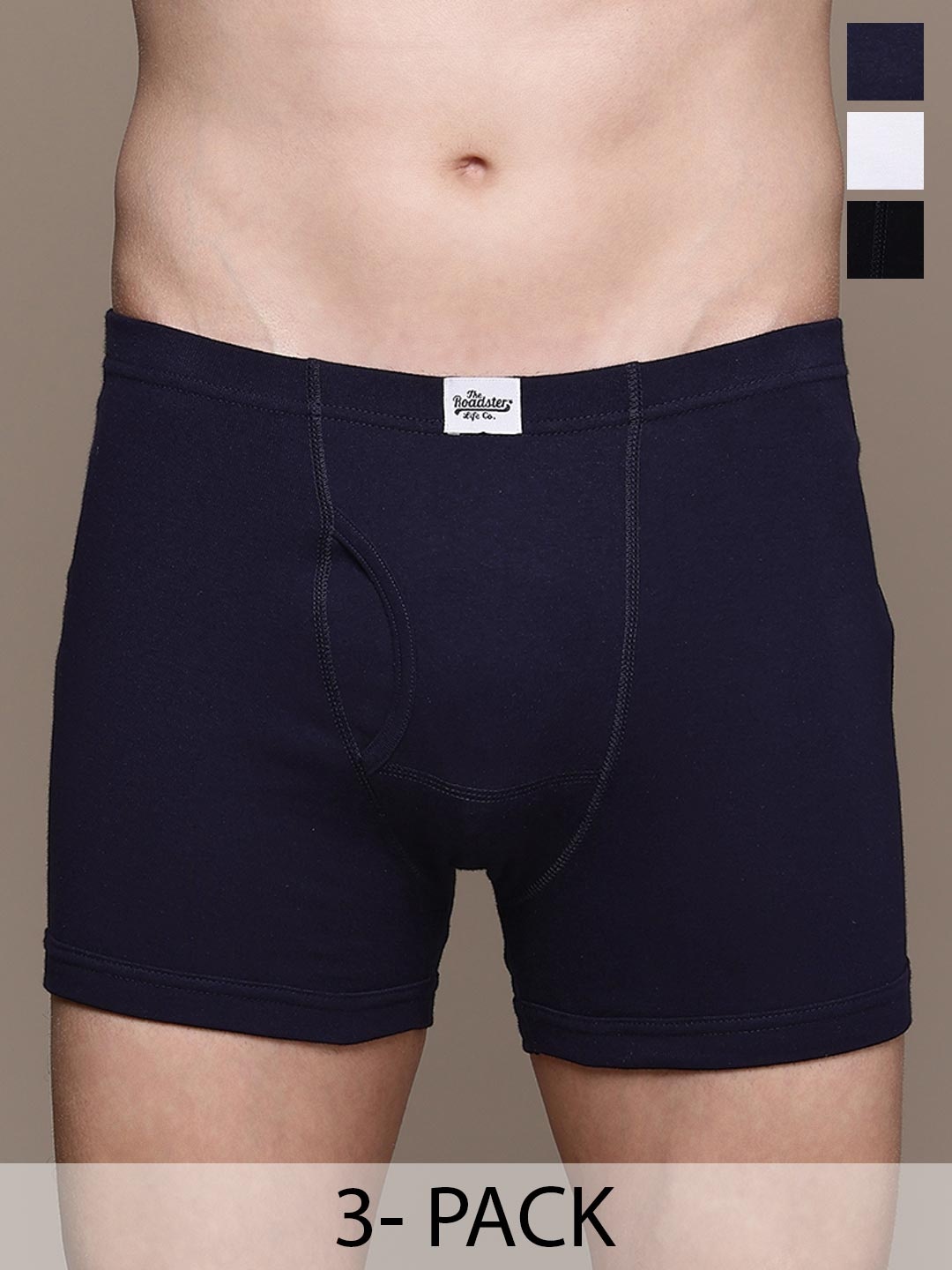 

The Roadster Lifestyle Co. Black Pack Of 3 Mid Rise Cotton Trunks RTIE-1004-BK-WH-NB-1