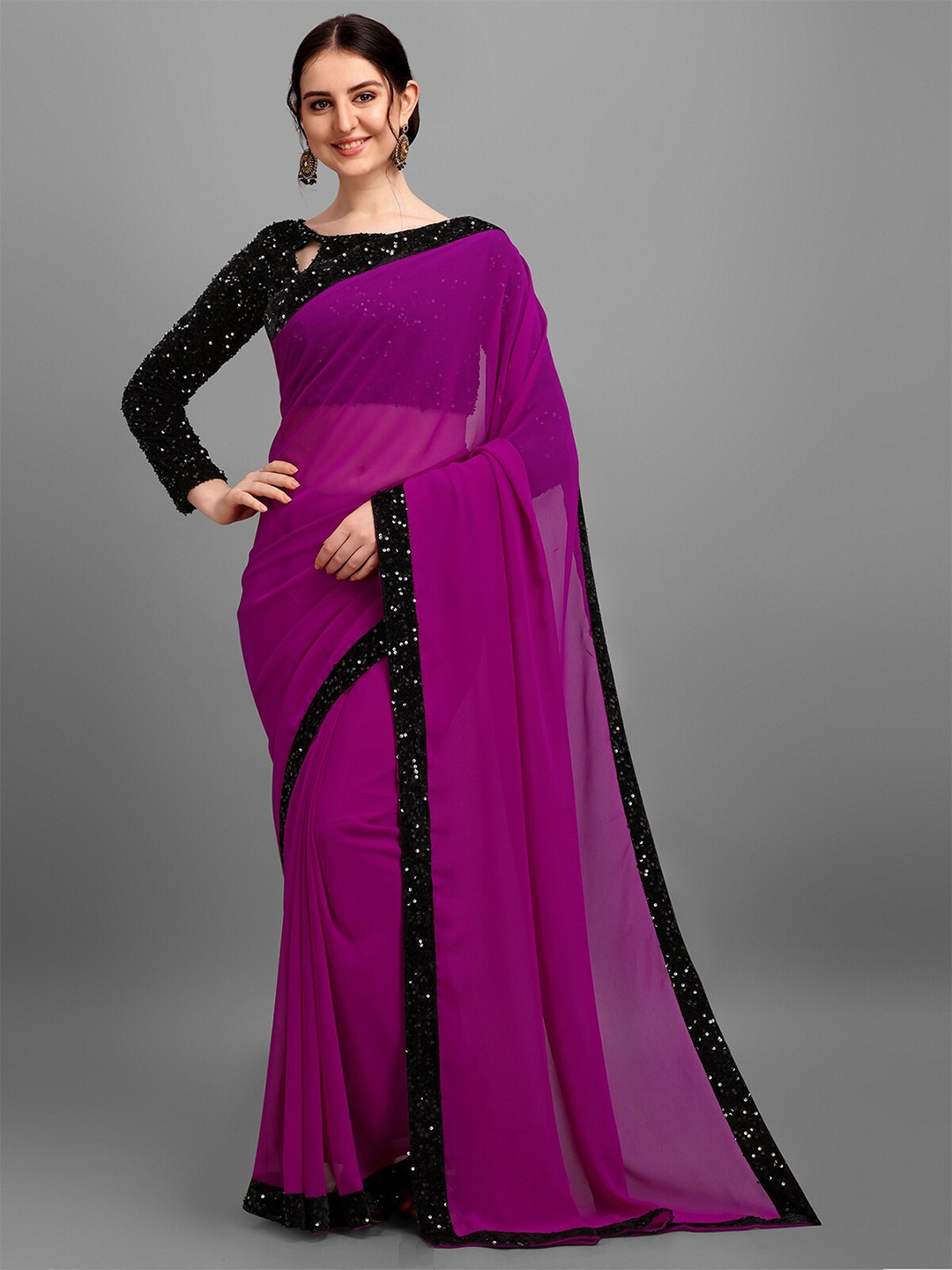 

N N ENTERPRISE Sequinned Party Saree, Purple