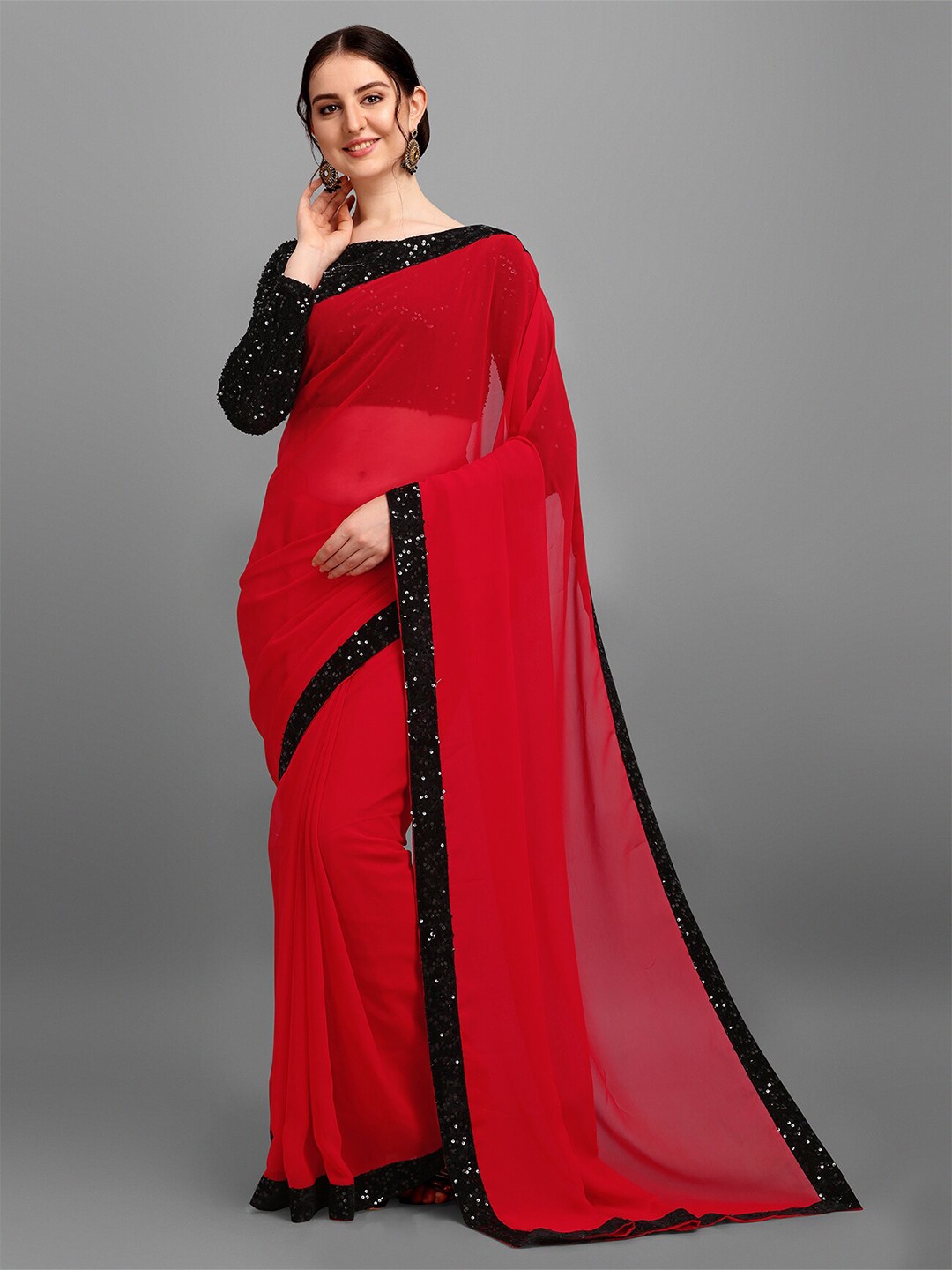 

N N ENTERPRISE Embellished Sequinned Saree, Red