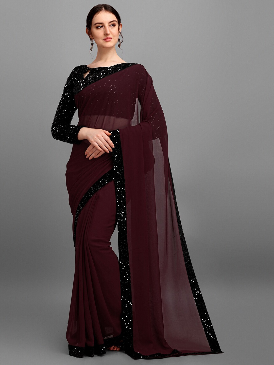 

N N ENTERPRISE Embellished Border Sequinned Saree, Coffee brown