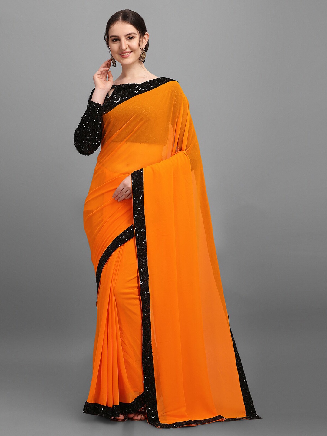 

N N ENTERPRISE Embellished Border Sequinned Saree, Orange