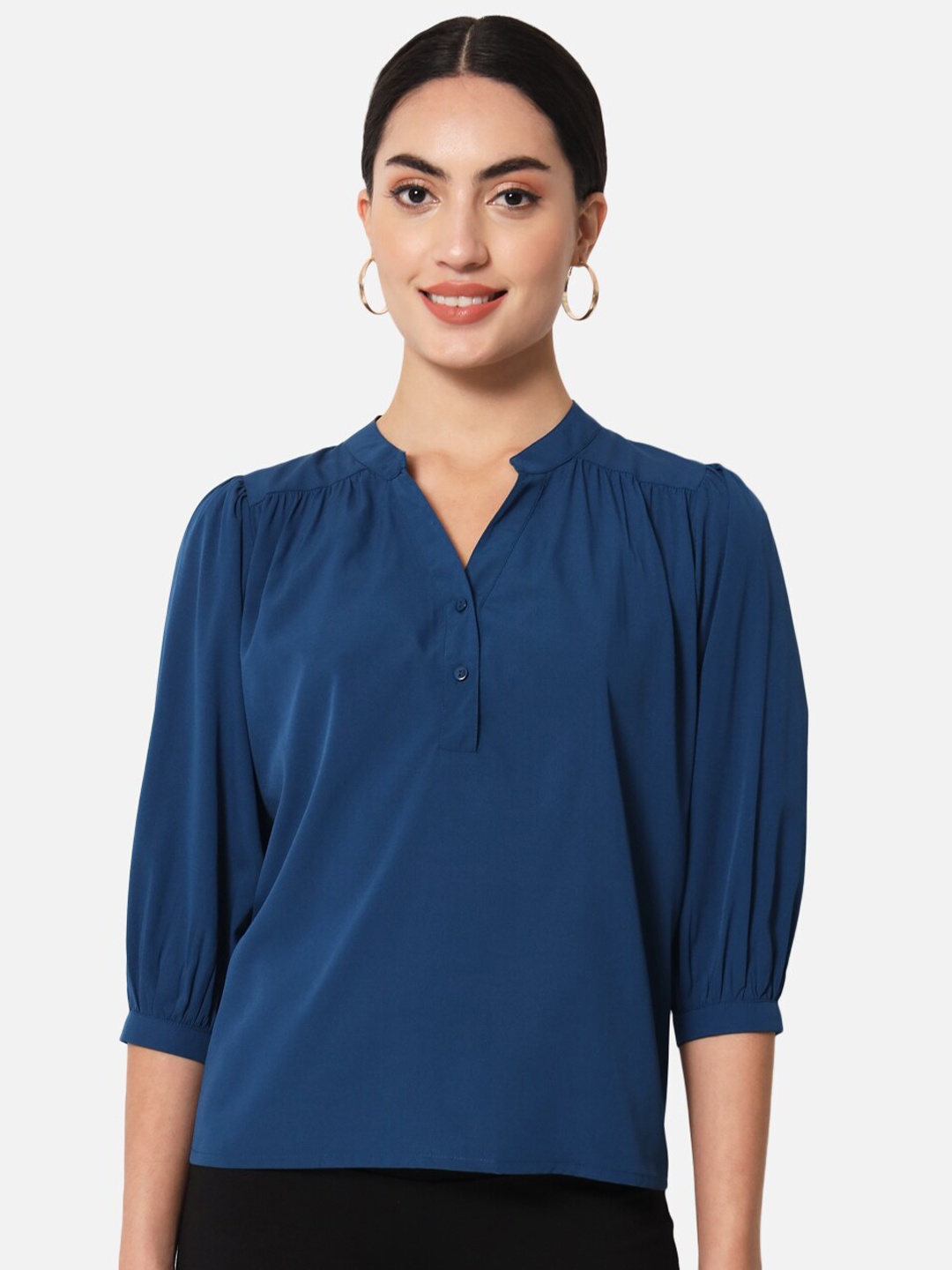 

BAESD Mandarin Collar Puff Sleeve Top, Teal