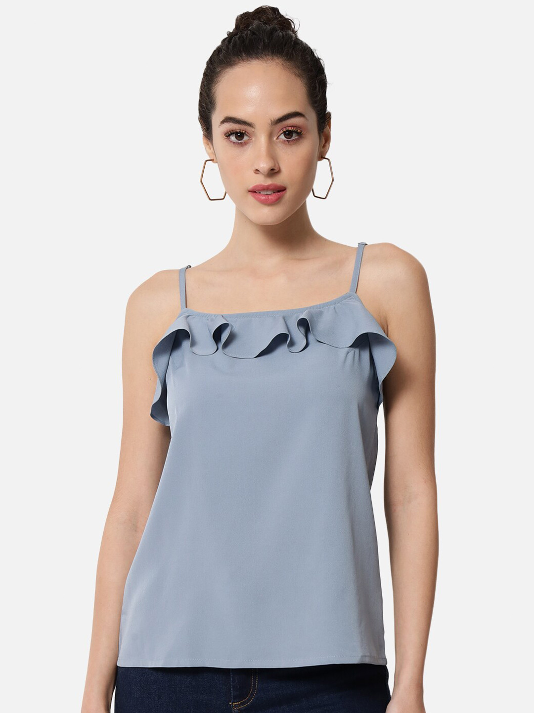 

BAESD Shoulder Straps Ruffled Crepe Top, Blue