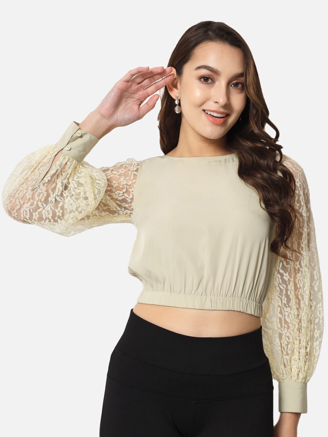 

BAESD Cuffed Sleeves Lace Up Crop Top, Beige